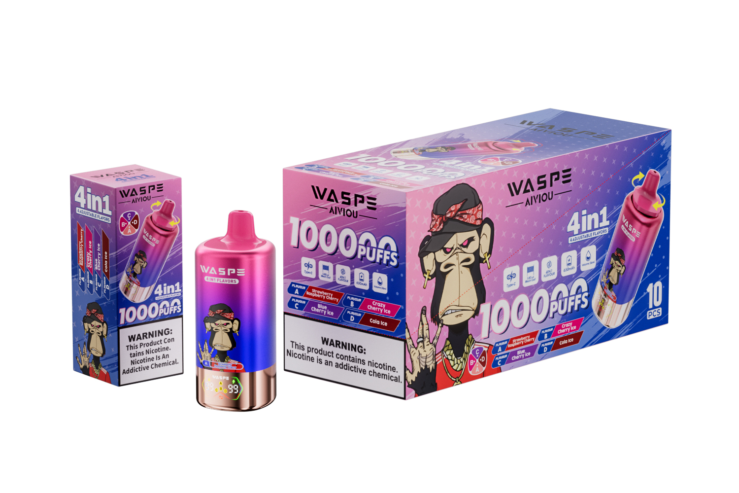 WASPE 4-in-1 100000 Strawberry Raspberry Cherry/Crazy Cherry Ice/Blue Cherry Ice/Cola Ice – Bild 3