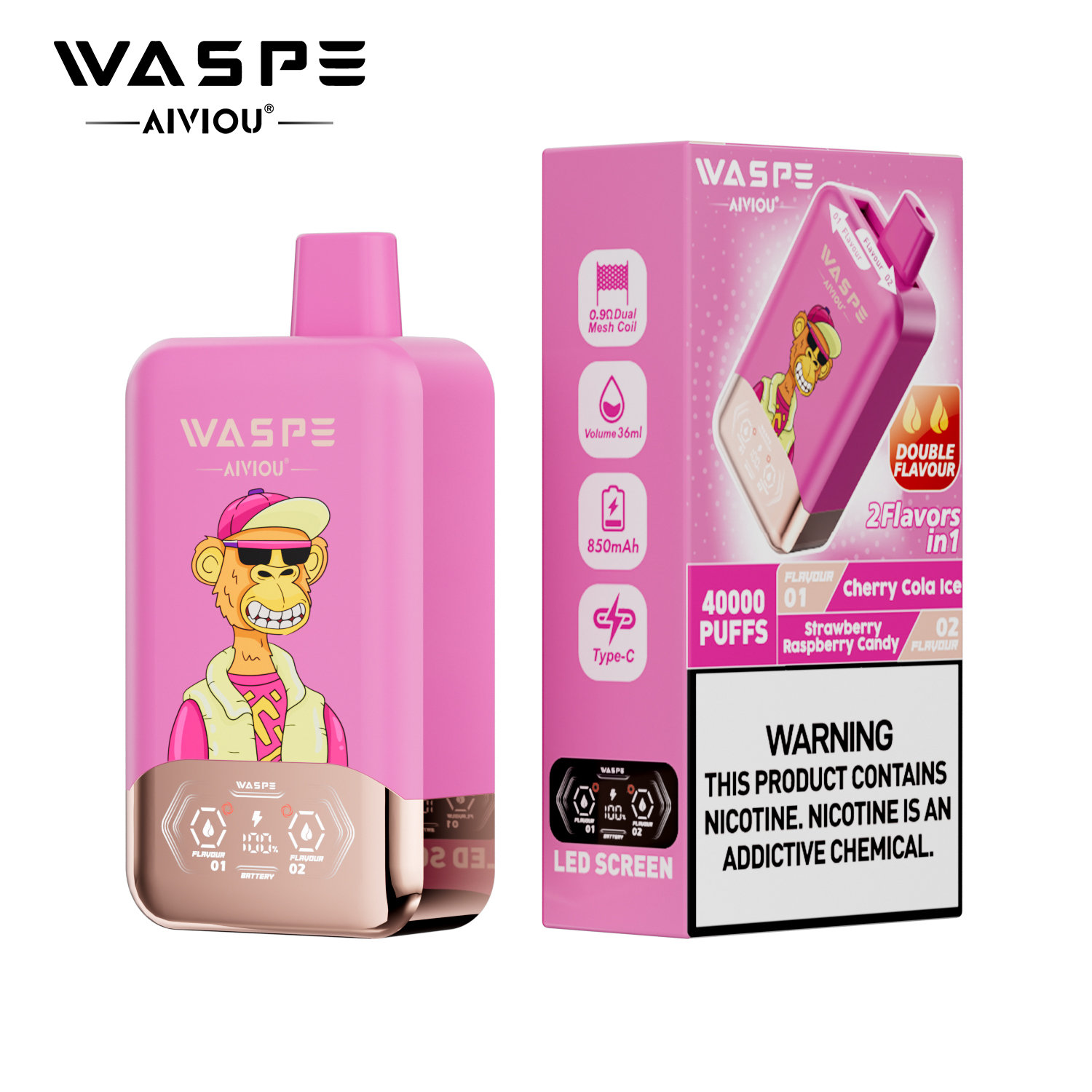 WASPE AIVIOU 40000 Cherry Cola Ice/Strawberry Raspberry Candy