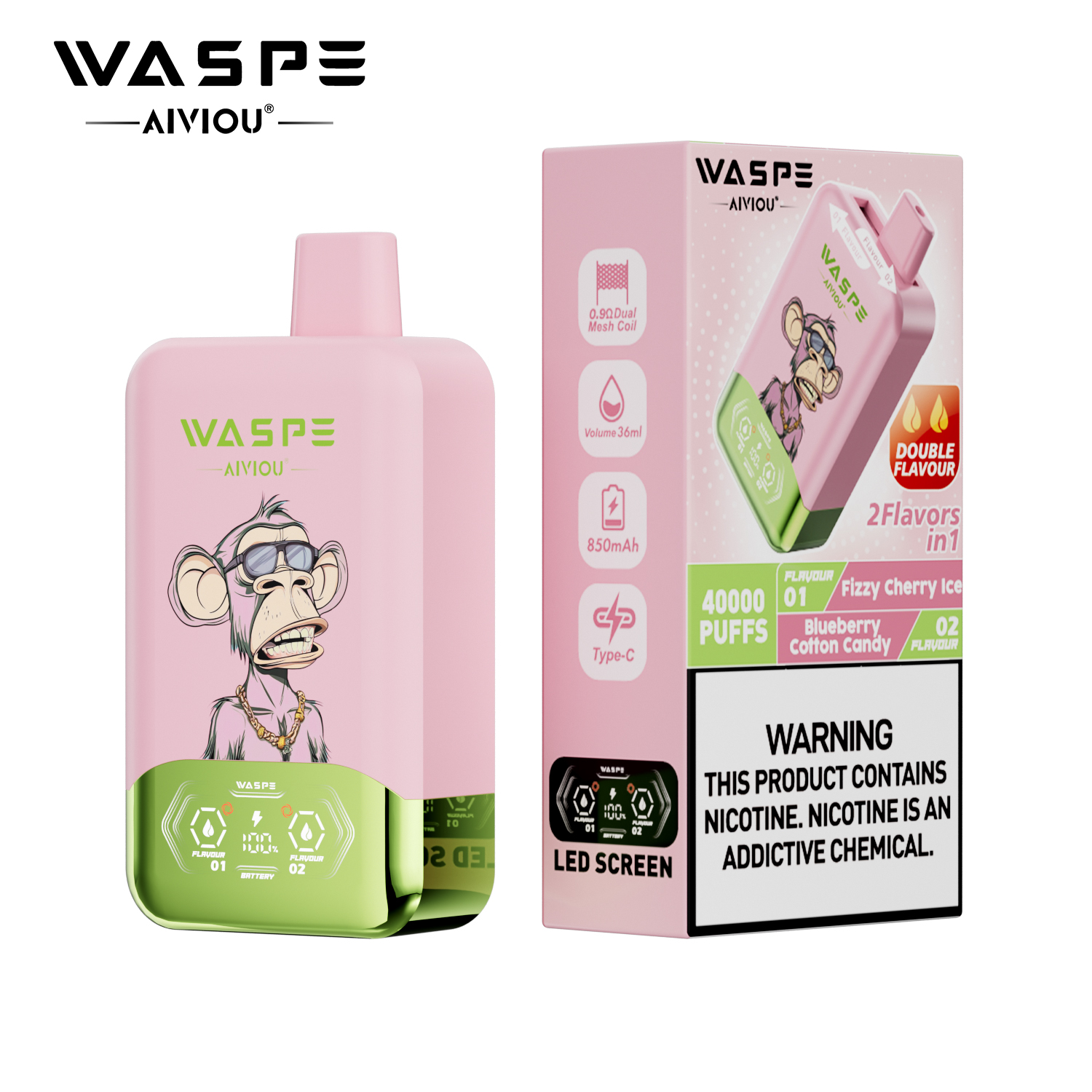 WASPE AIVIOU 40000 Fizzy Cherry Ice/Blueberry Cotton Candy