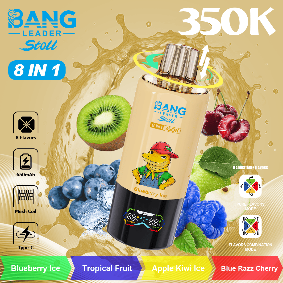 Bang Leader 350K Blueberry Ice/Tropical Fruits/Apple Kiwi Ice/Blue Razz Cherry