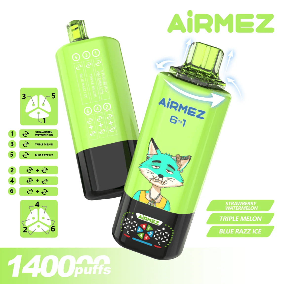 Airmez FOX 6 IN 1 140K Strawberry Watermelon/Triple Melon/Blue Razz Ice