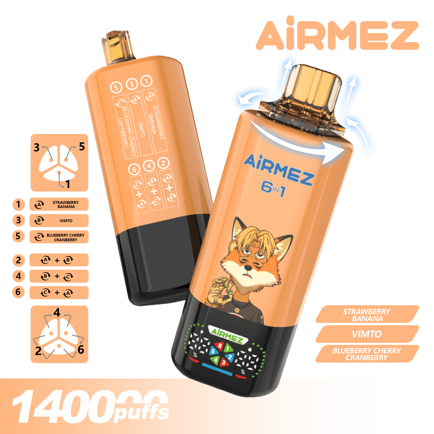 Airmez FOX 6 IN 1 140K Strawberry Banana/Vimto/Blueberry Cherry Cranberry