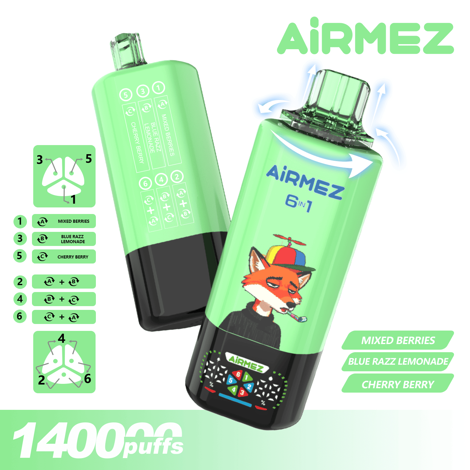 Airmez FOX 6 IN 1 140K Mixed Berries/Blue Razz Lemonade/Cherry Berry