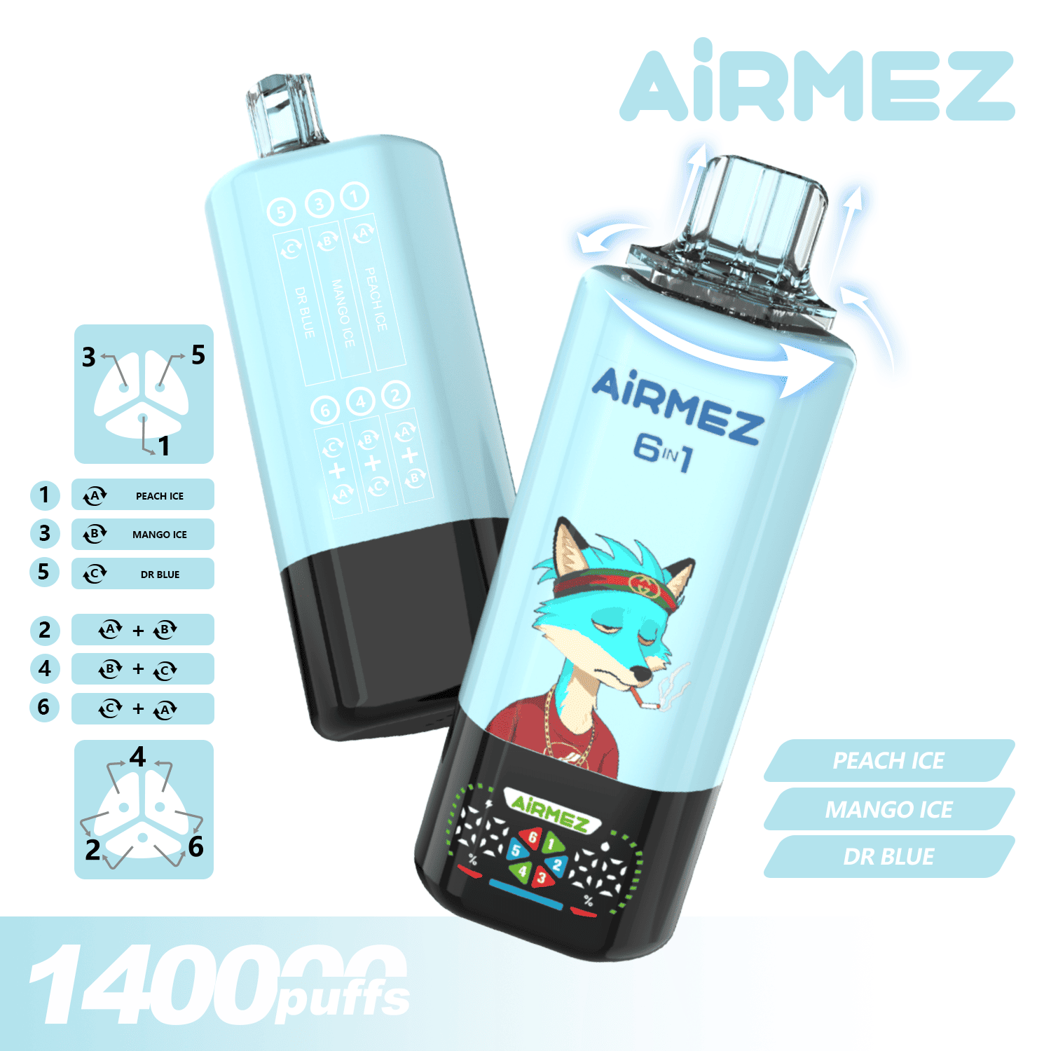 Airmez FOX 6 IN 1 140K Peach Ice/Mango Ice/Dr Blue