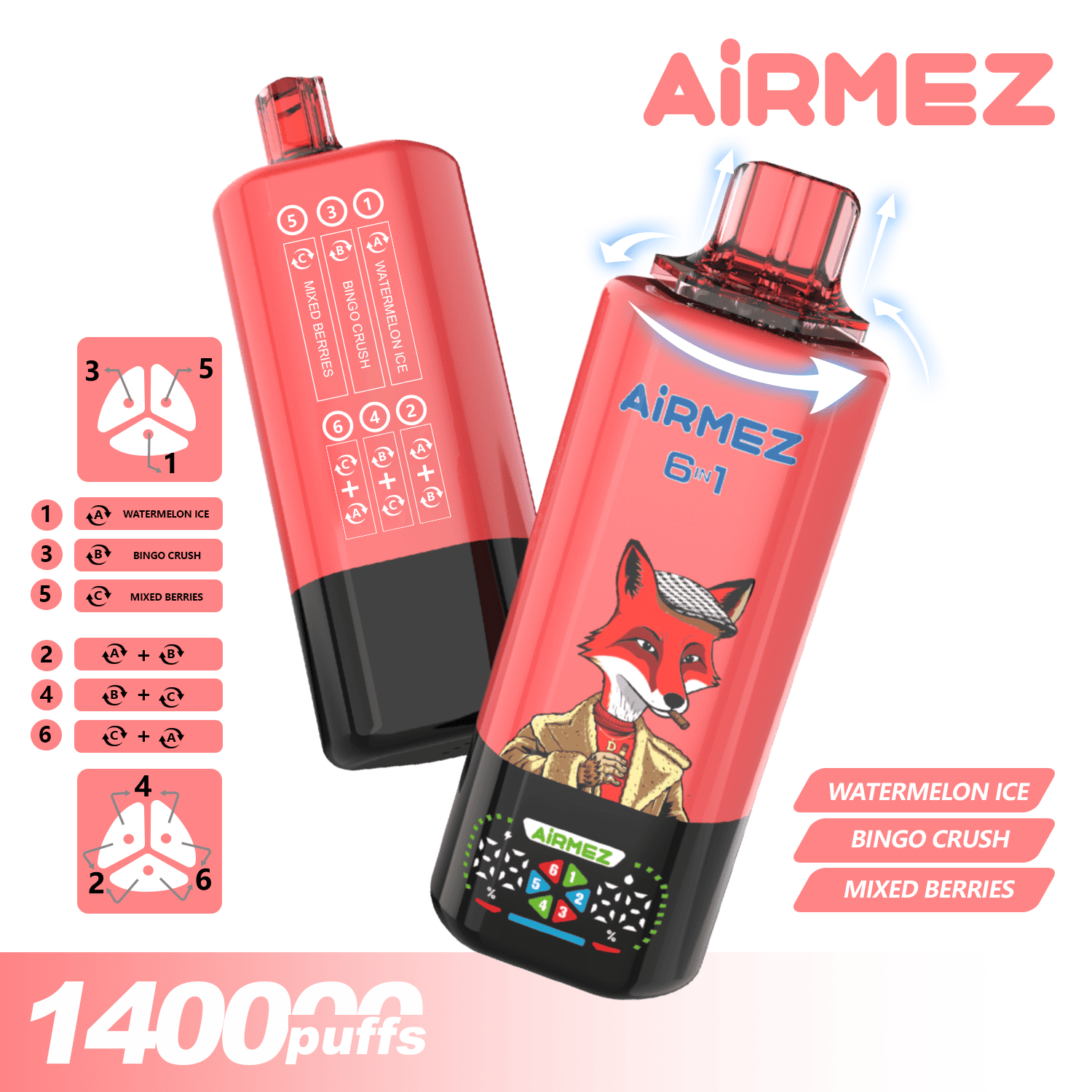 Airmez FOX 6 IN 1 140K Watermelon Ice/Bingo Crush/Mixed Berries
