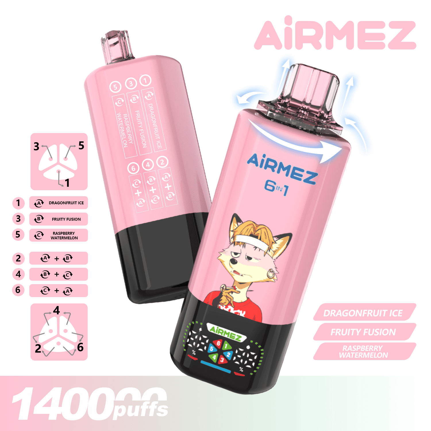 Airmez FOX 6 IN 1 140K Dragonfruit Ice/Fruity Fusion/Raspberry Watermelon