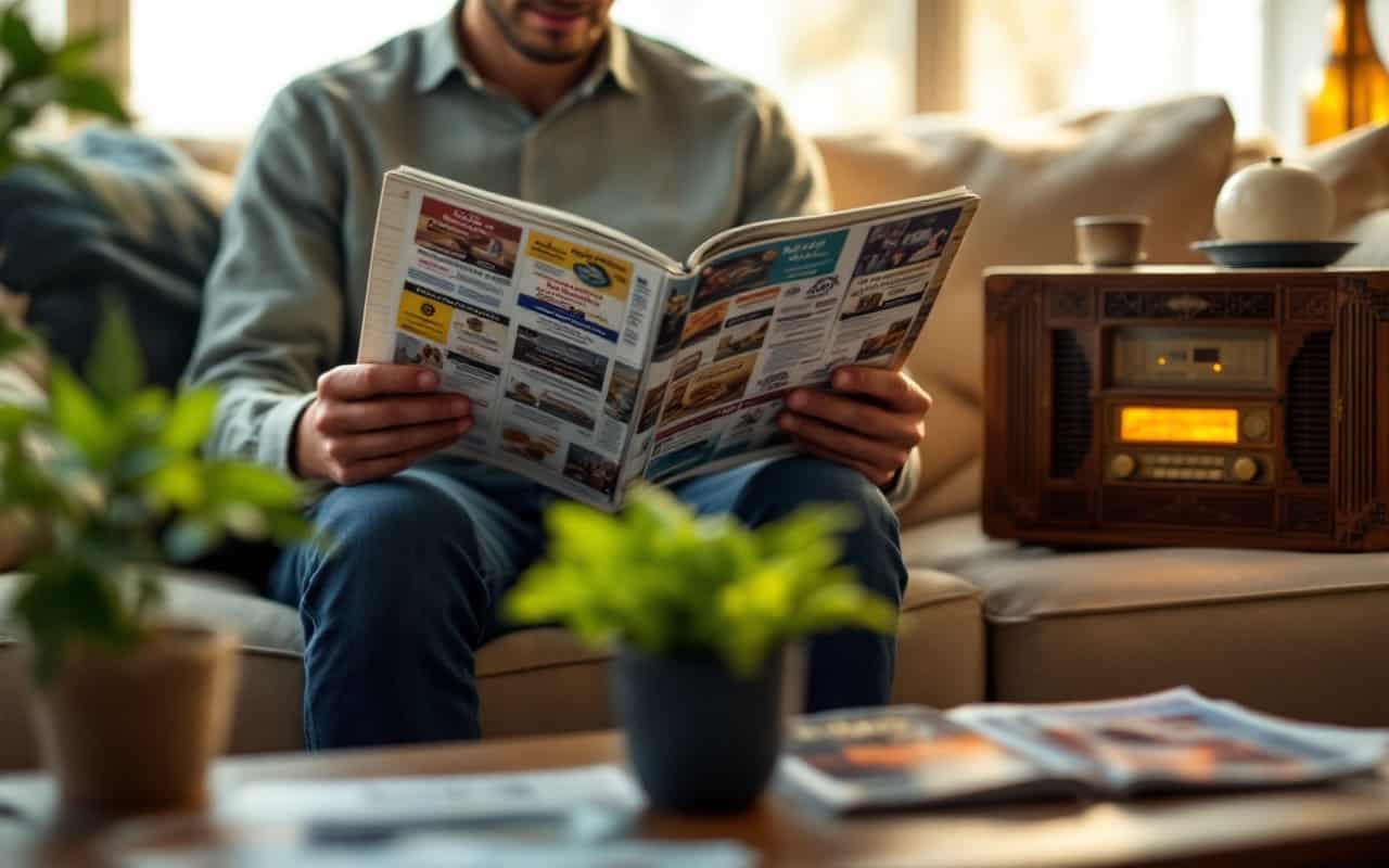 Person liest in angenehmer Atmosphäre eine Printanzeige