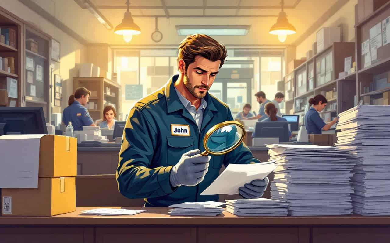 Postal worker inspecting unstamped envelopes.