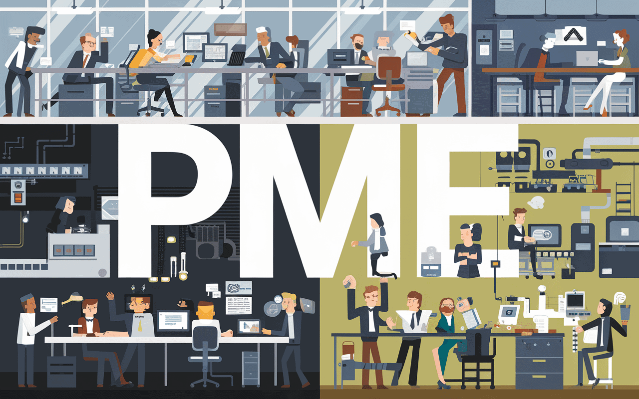 Illustration d'un environnement dynamique de PME avec des travailleurs collaborant.