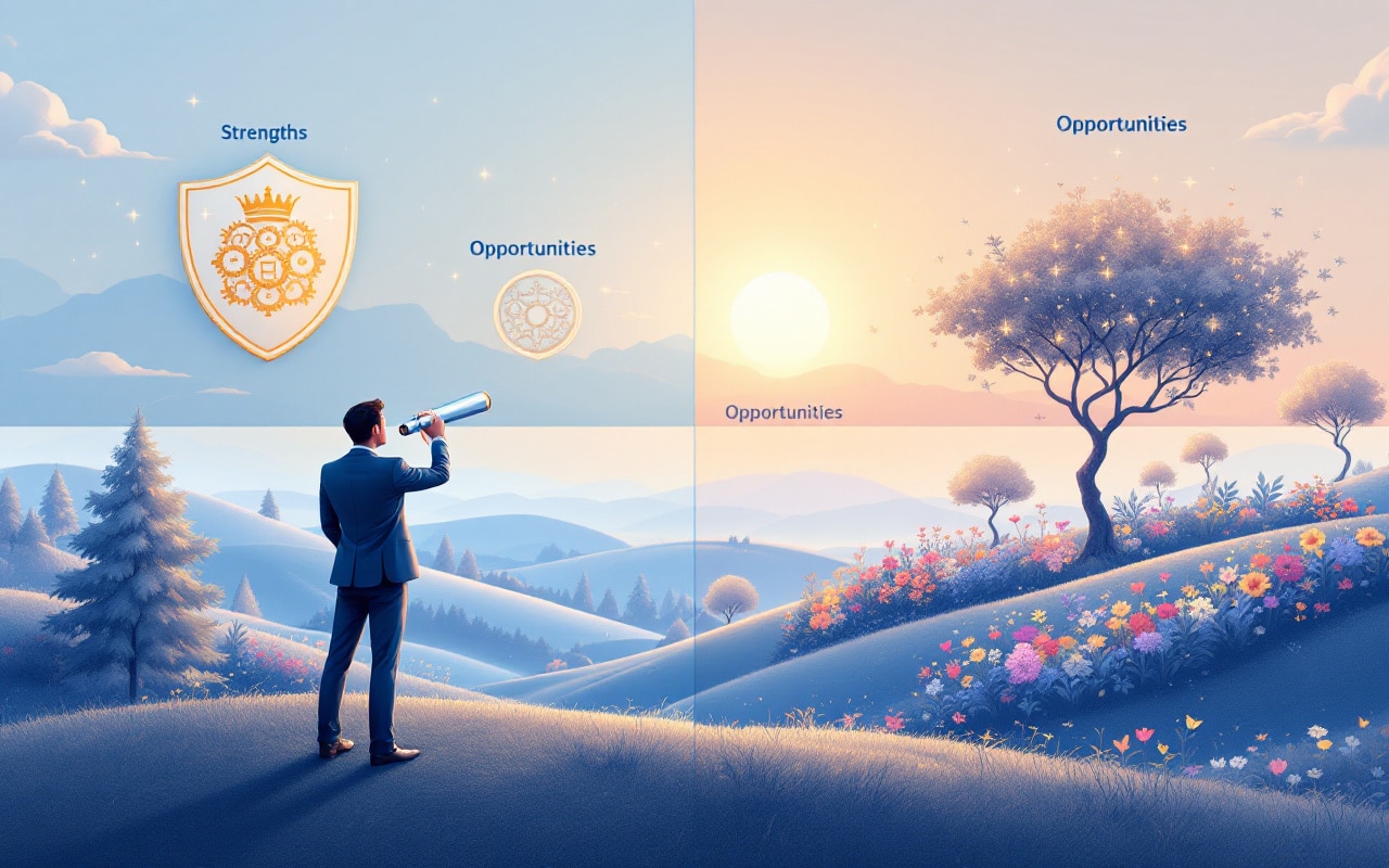 Illustration d'un professionnel regardant un paysage divisé en quadrants SWOT.