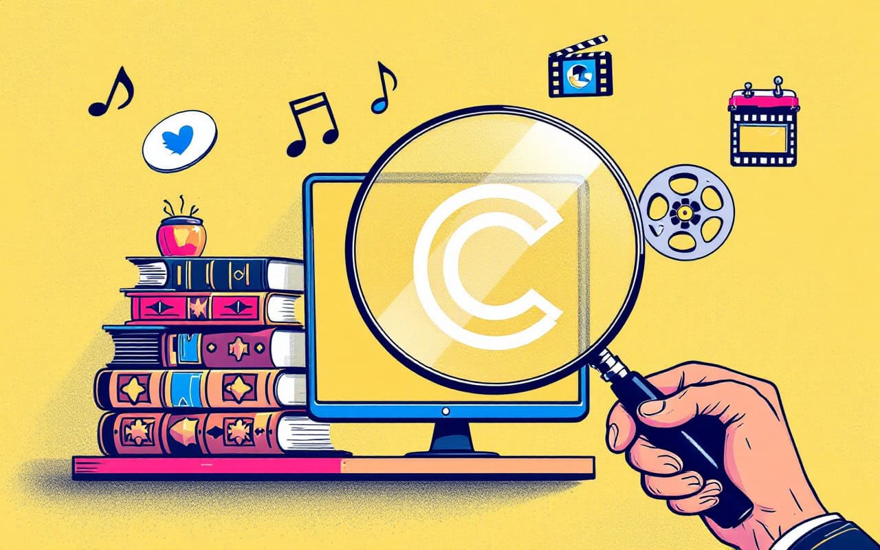 magnifying glass examines © symbol with icons of copyright works