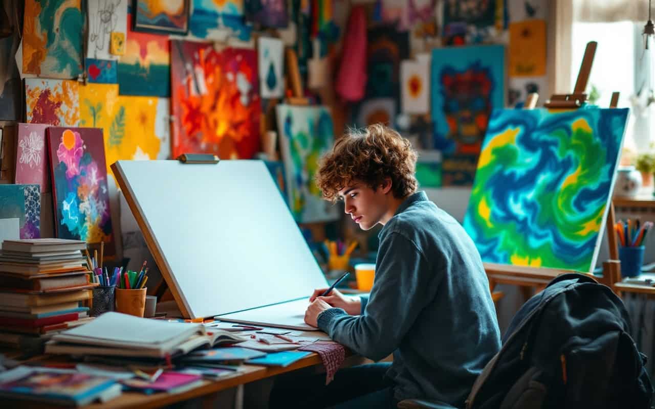 Un adolescente creativo disegna con passione nella sua stanza, trasformando i suoi hobby in reddito.