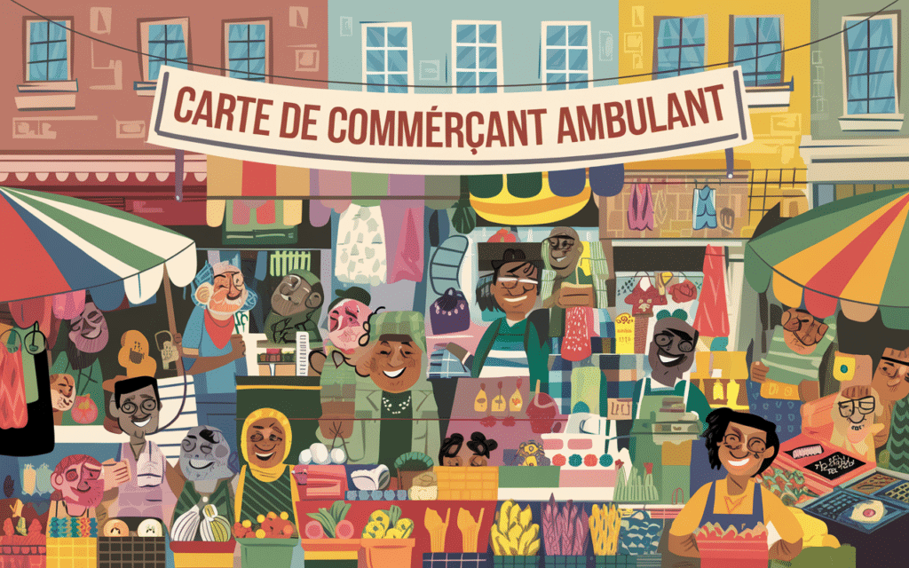 Vibrant market scene with Carte de Commerçant Ambulant sign