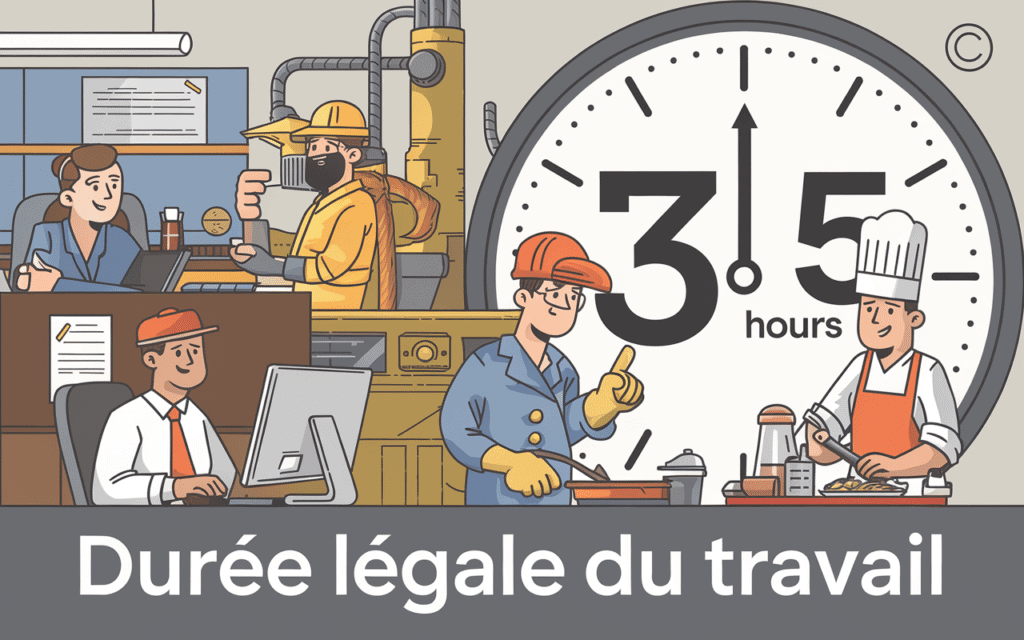 Visuel représentant la durée légale du travail avec des travailleurs divers et une horloge de 35 heures