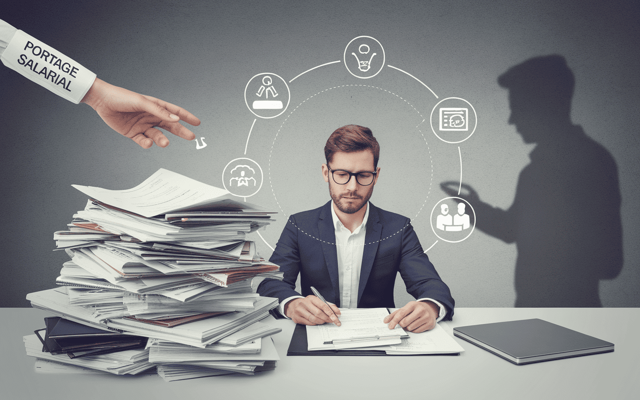 Consultant au bureau avec des papiers administratifs enlevés par le portage salarial