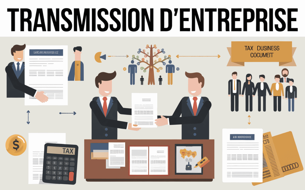 Image illustration de la transmission d'entreprise avec éléments visuels de documents juridiques et calculs fiscaux.