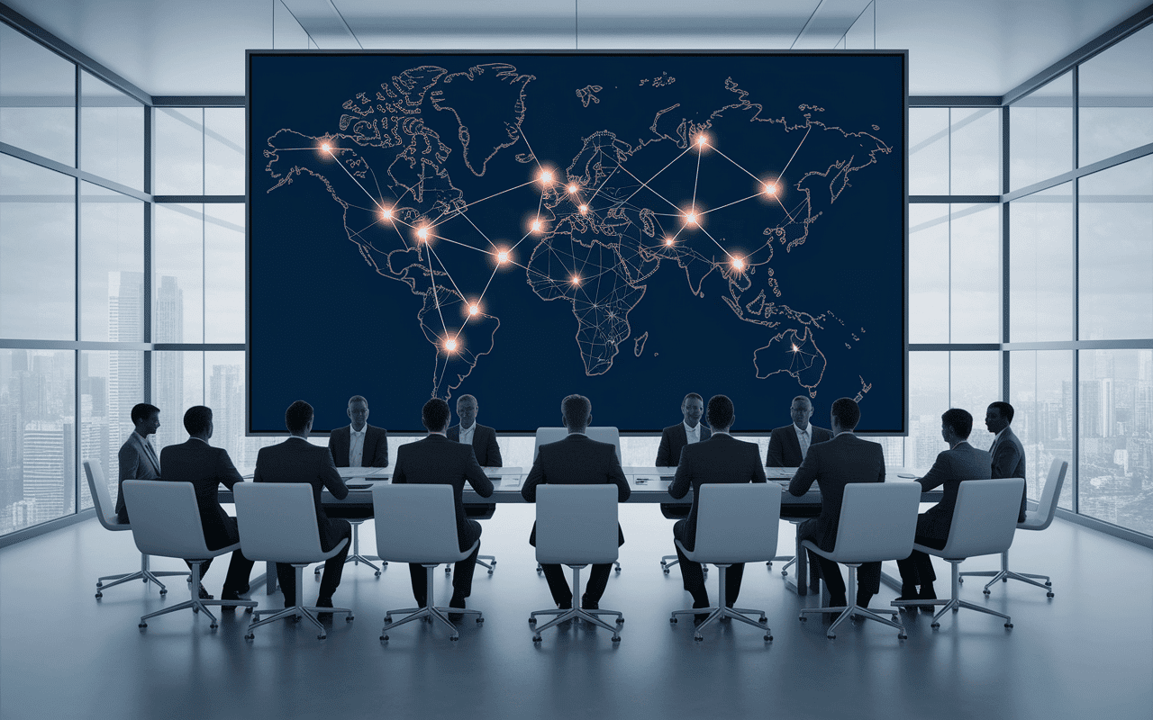 Salle de réunion collaborative avec projection de données mondiales