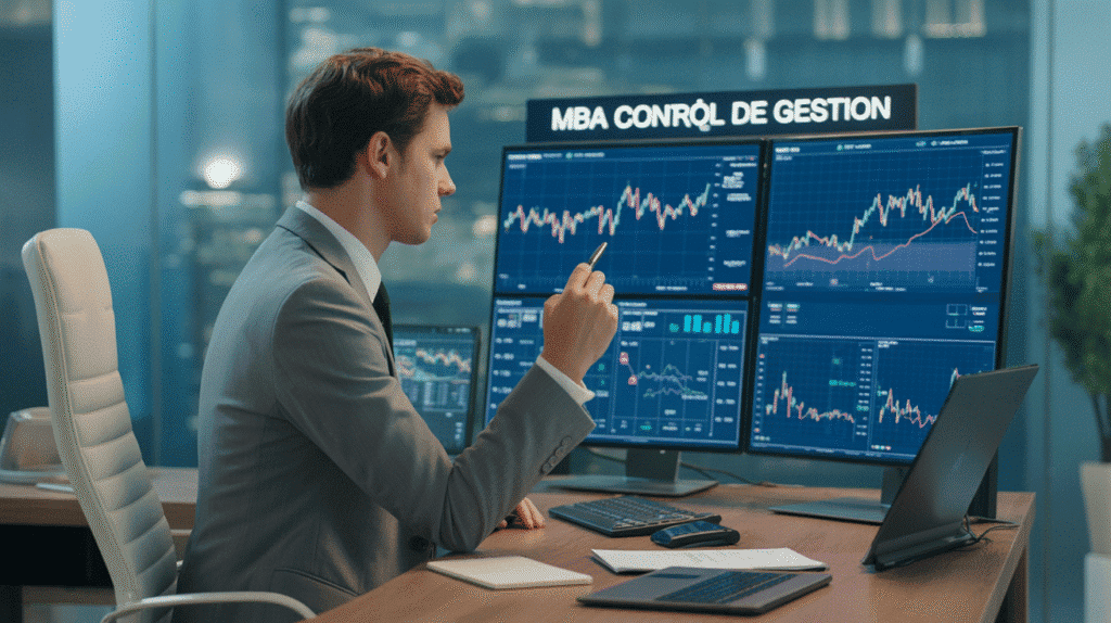 Professionnel analysant graphiques financiers MBA contrôle de gestion Studi