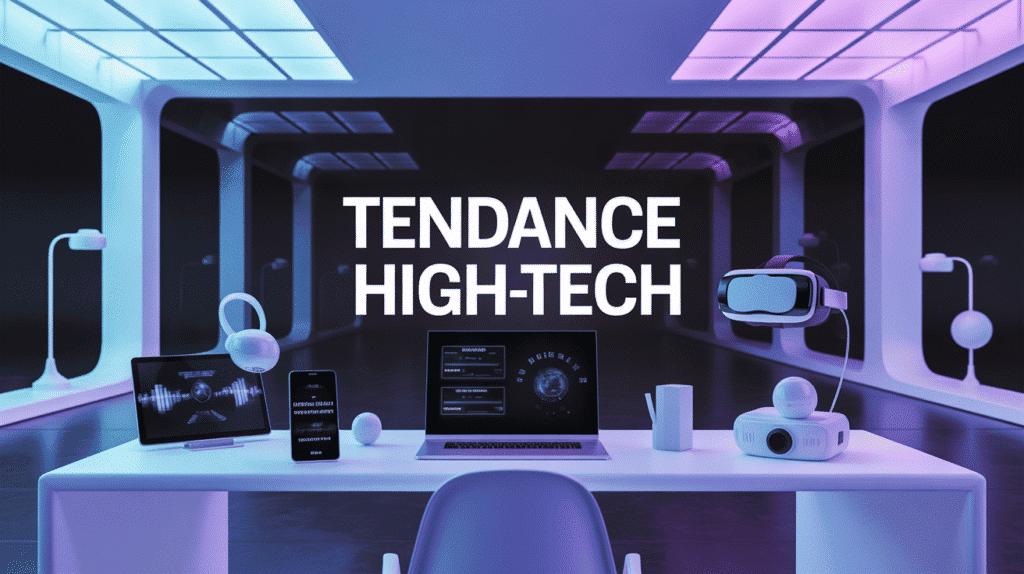 Bureau high-tech avec appareils numériques, écran central d'analyses tech