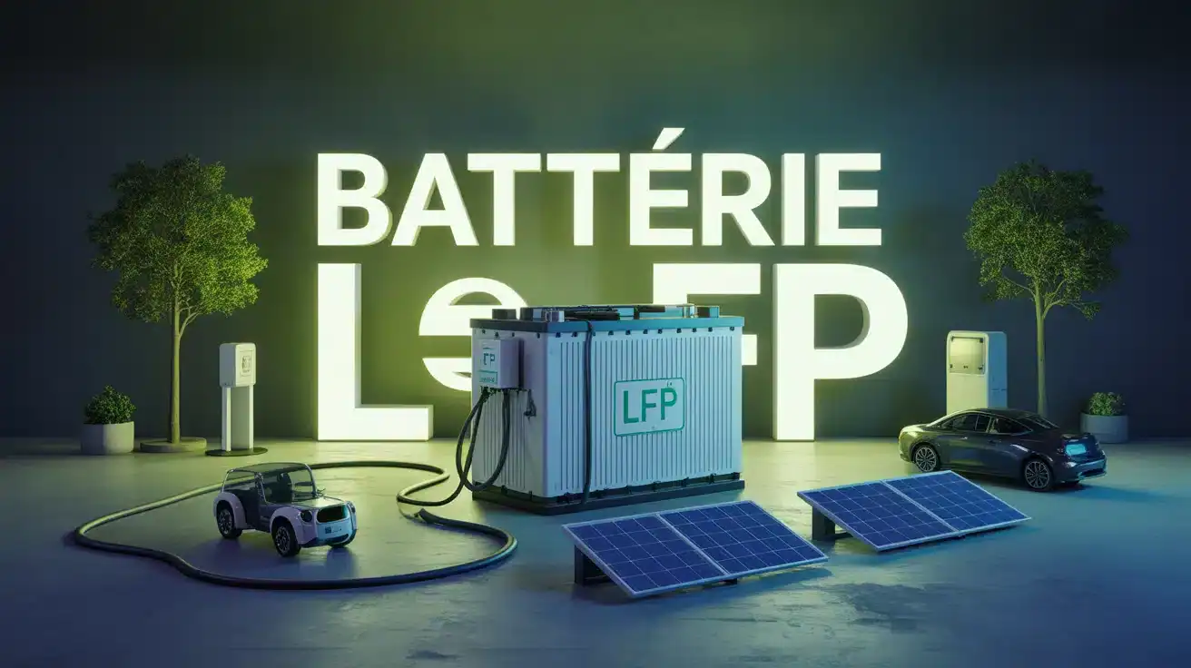 Illustration batterie LFP avec panneaux solaires et véhicules électriques
