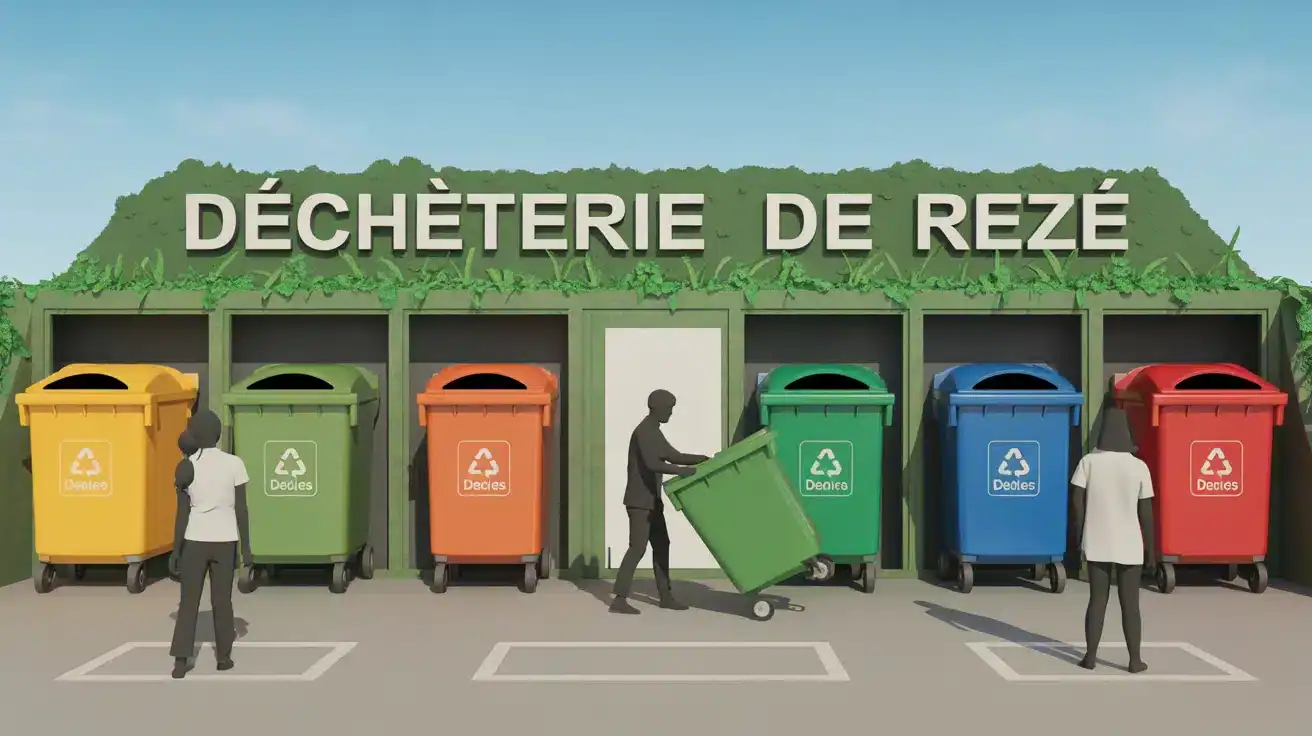 illustration déchèterie de Rezé avec bennes de tri colorées et personnes déposant déchets