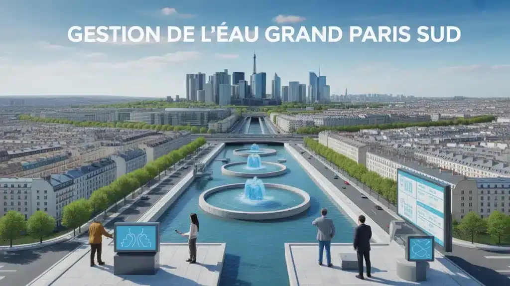 Illustration gestion de l eau Grand Paris Sud avec réseau et habitants