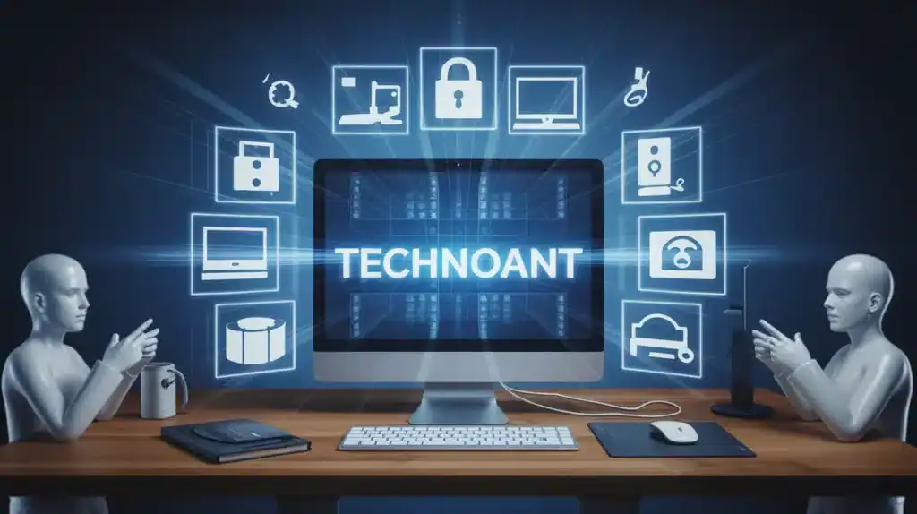 Illustration Technoant site e commerce technologie avec icônes et consommateurs