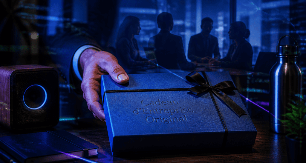 cadeau entreprise original coffret bleu sur bureau