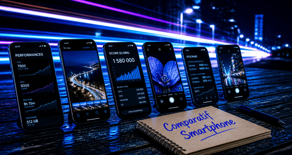 Comparatif smartphone écrans alignés ambiance tech