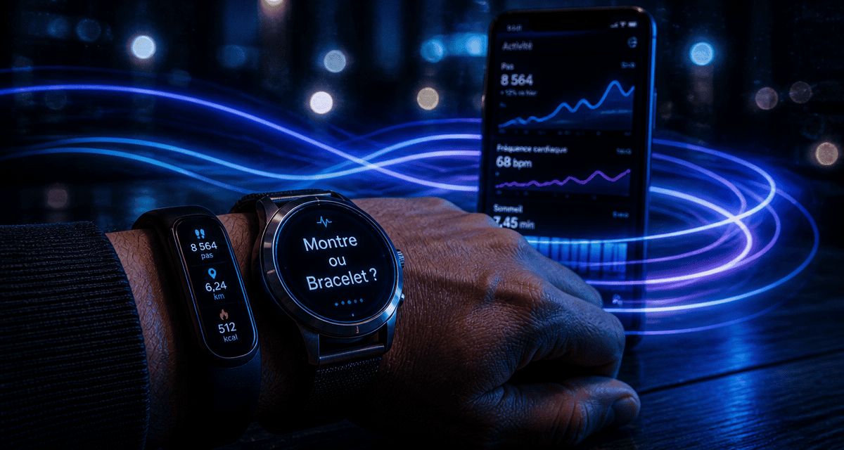 Montre connectée ou bracelet posés sur une table, choix high-tech