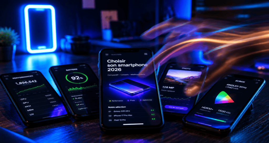 quel smartphone choisir 2026 smartphones modernes bureau futuriste
