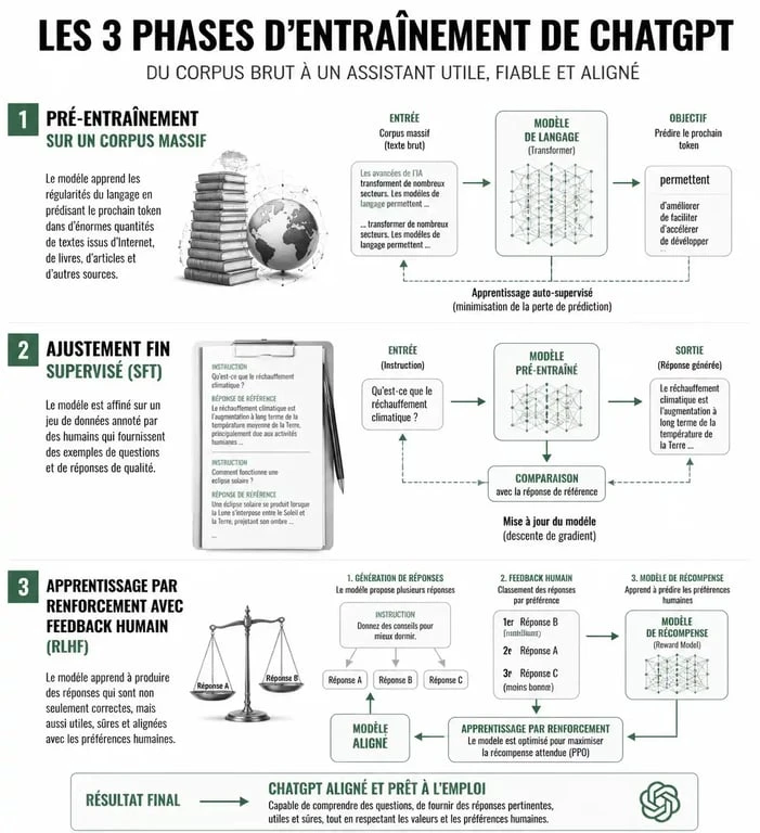 Schéma explicatif du fonctionnement et des phases d'entraînement de ChatGPT pour comprendre comment fonctionne chatgpt
