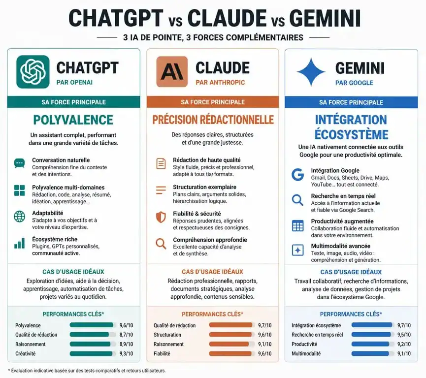 Comparatif des meilleures intelligences artificielles : ChatGPT, Claude et Gemini pour choisir la meilleure IA selon vos besoins.