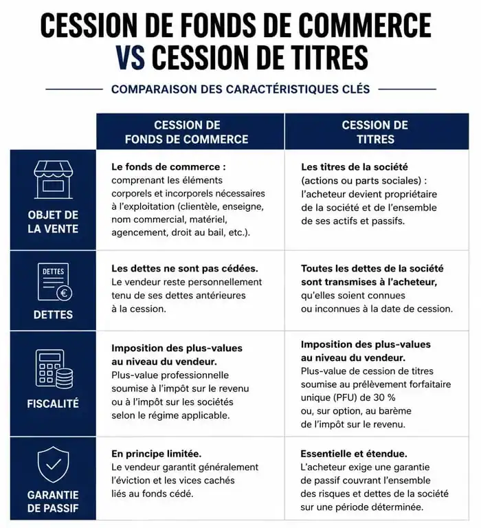 Infographie comparative pour la vente d'entreprise : fonds de commerce vs titres