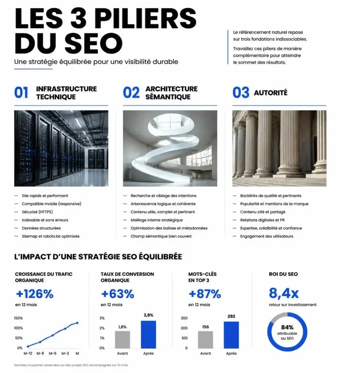 Infographie des trois piliers pour optimiser le SEO : technique, contenu et autorité