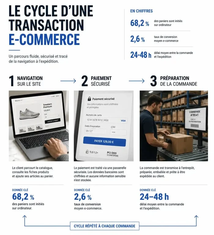 Schéma du fonctionnement d'une transaction e-commerce : du panier d'achat à la livraison