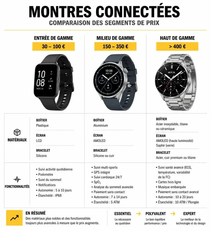 Comparatif des prix et fonctionnalités des montres connectées : entrée, milieu et haut de gamme