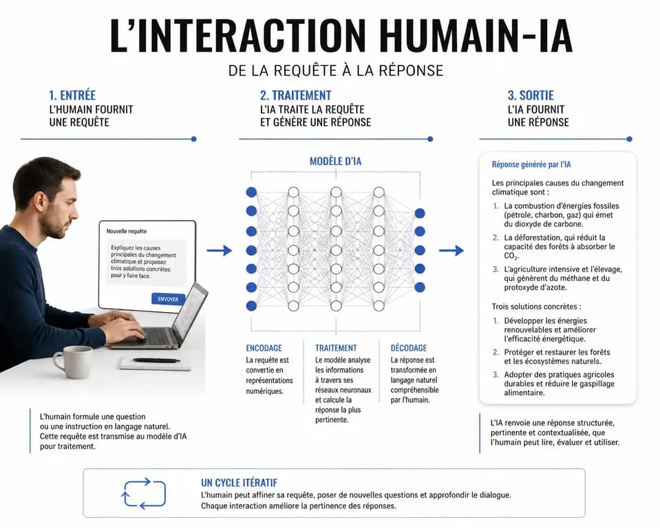 Schéma explicatif du fonctionnement d'un prompt IA et de la génération de contenu