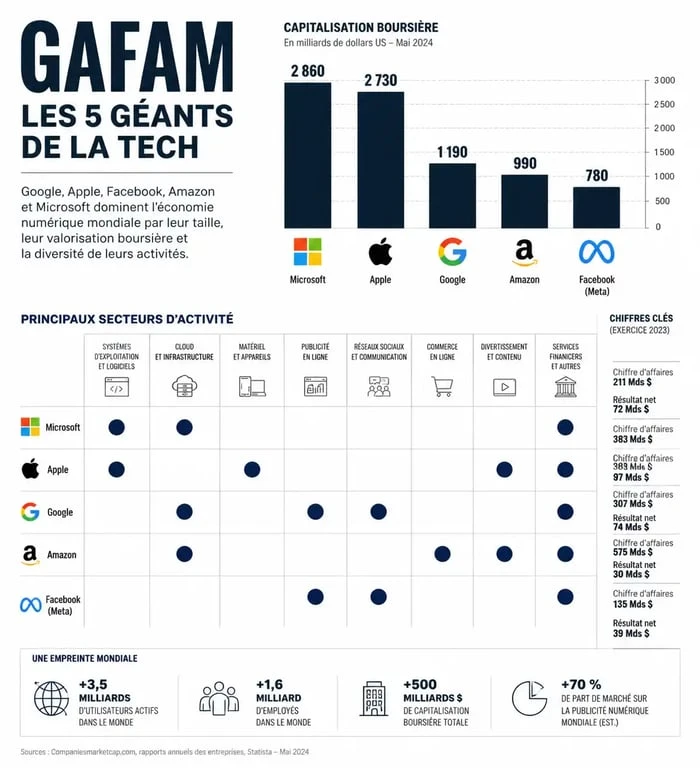 Infographie sur la définition et les secteurs d'activité des GAFAM