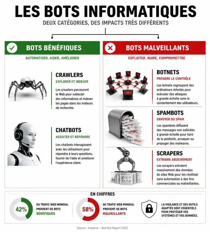 Infographie illustrant les différents types de bots informatiques, des crawlers bénéfiques aux botnets malveillants