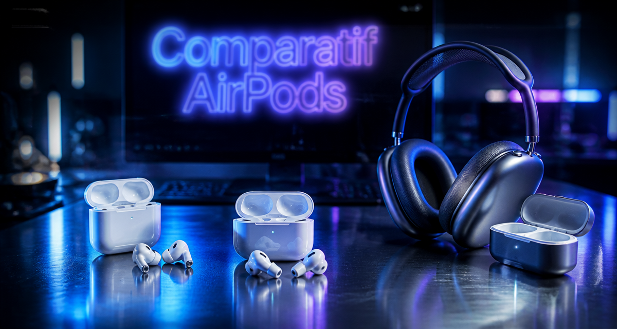 Nouveaux AirPods alignés sur table, comparatif visuel
