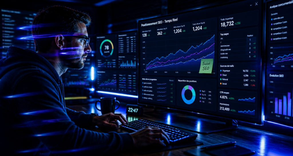 outil positionnement seo sur écrans en salle de contrôle