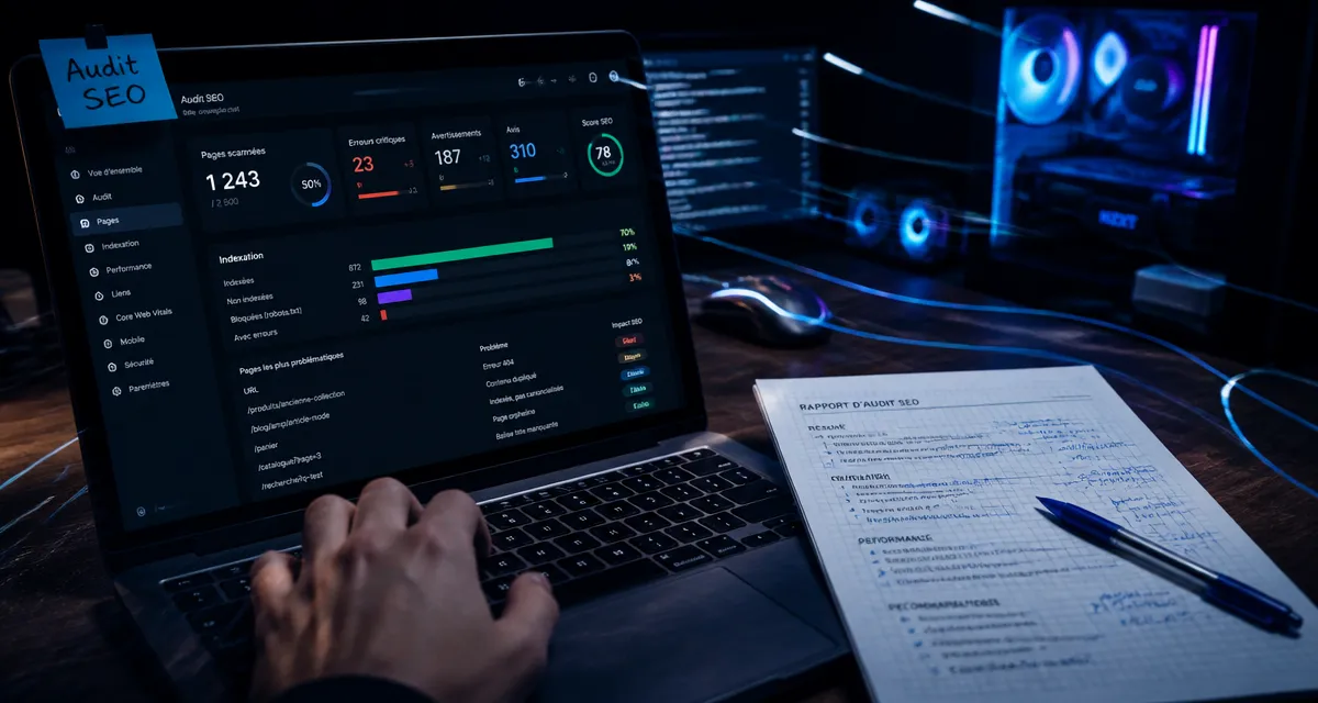 Outils audit seo : tableau de bord d’audit SEO sur écran