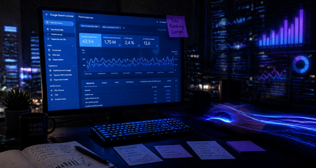 site ranking google écran Search Console ambiance nocturne
