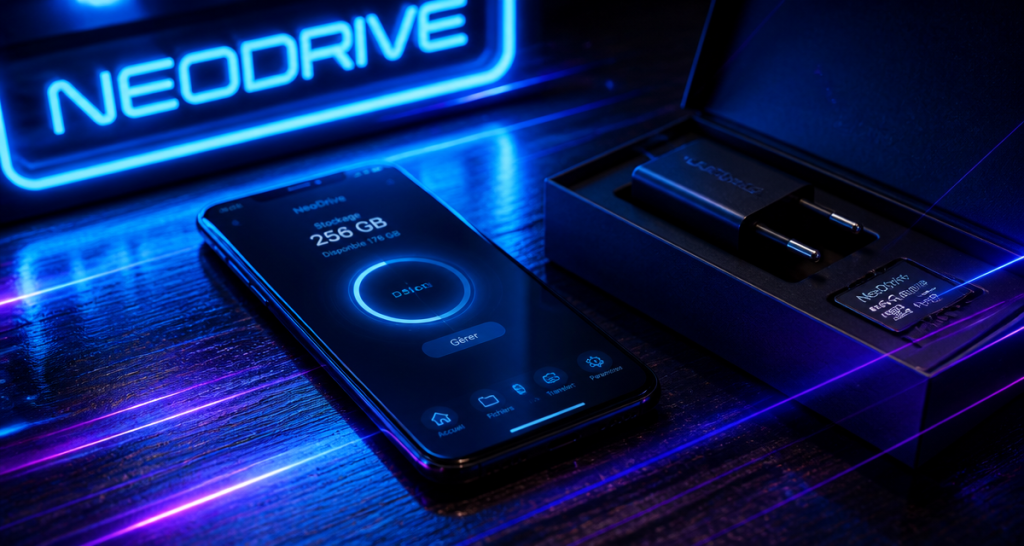smartphone a 150 euros boite chargeur neon bleu