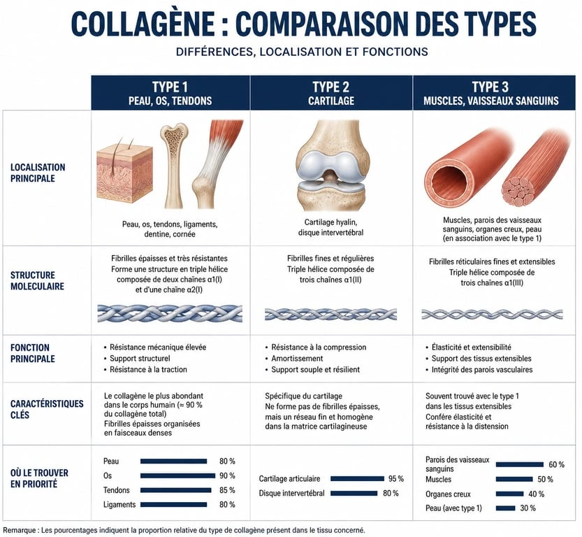 Infographie comparative des différences entre collagène type 1, 2 et 3 : localisation et fonctions