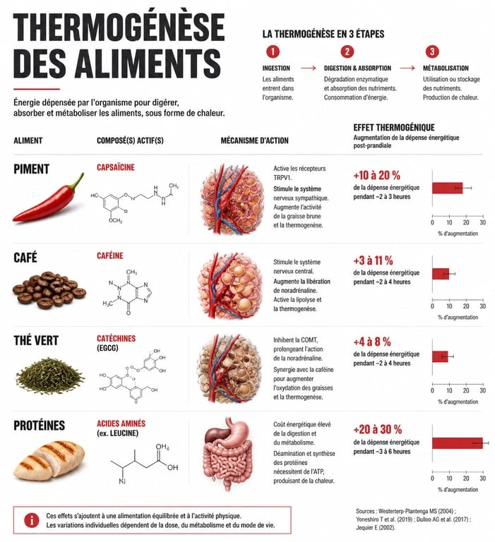 Infographie des aliments boostant le métabolisme et mécanismes de thermogenèse