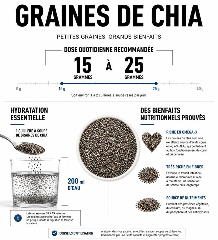 Infographie sur la quantité journalière recommandée de graines de chia et conseils d'hydratation pour la santé