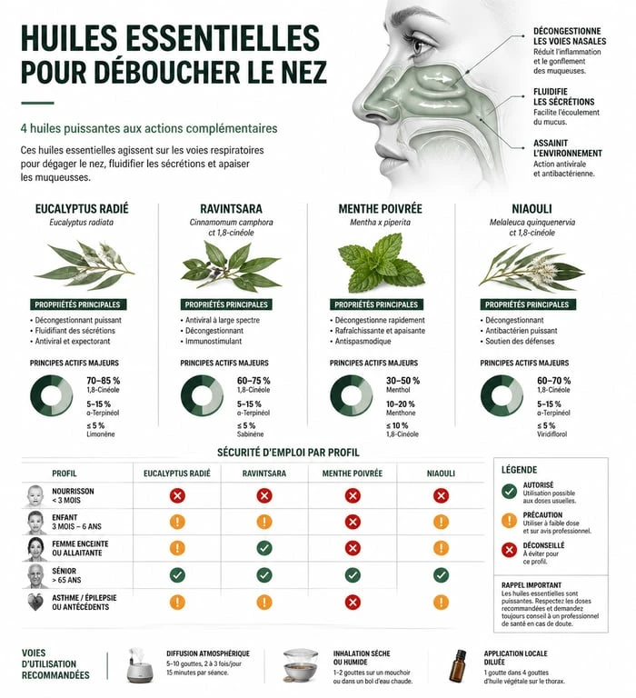 Infographie sur les huiles essentielles pour déboucher le nez et leurs propriétés