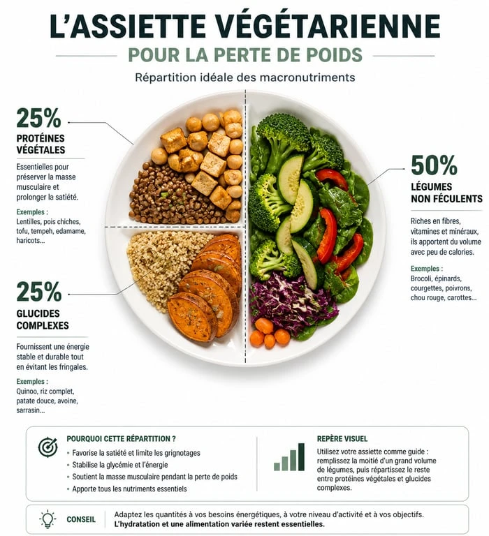 Répartition des macronutriments dans une assiette végétarienne pour perdre 10 kilos